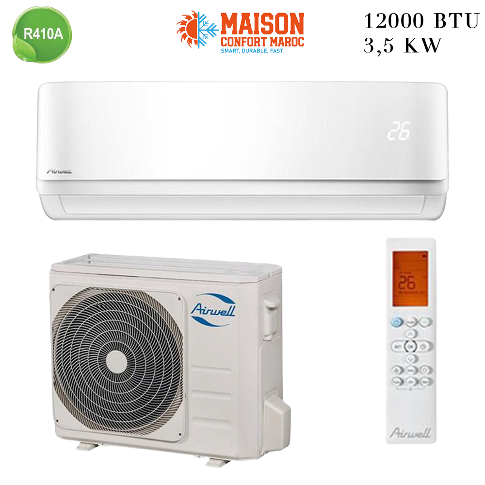 Climatiseur Airwell 12000 Btu R410 – Refroidissement rapide, efficacité énergétique, et livraison gratuite au Maroc.