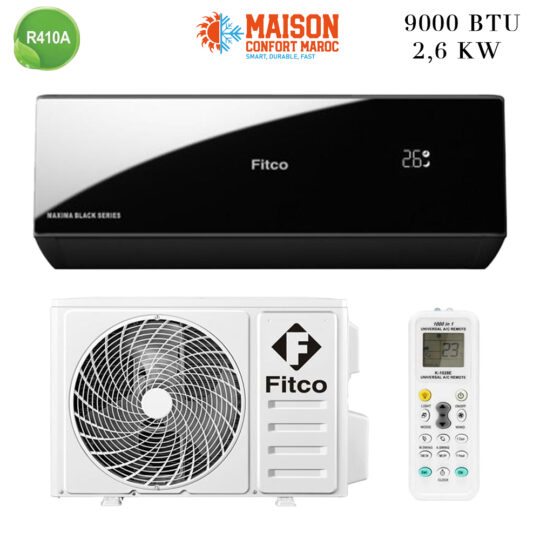 Climatiseur FITCO 9000 Btu Maxima Black Mirror – Compact, performant et économique, idéal pour le Maroc.