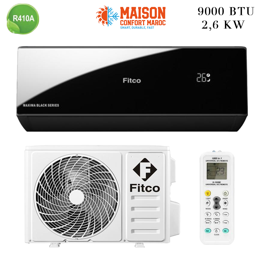 Climatiseur FITCO 9000 Btu Maxima Black Mirror – Compact, performant et économique, idéal pour le Maroc.