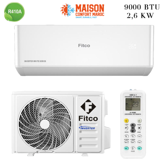 Climatiseur Fitco 9000 Btu Inverter – Confort thermique et économie d'énergie pour petits espaces au Maroc.