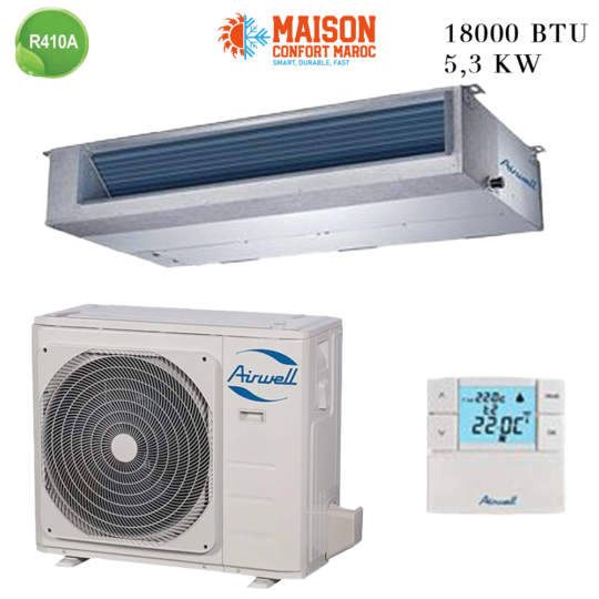 Climatiseur Gainable Airwell 18000 BTU R410 5.3 kW – Solution efficace pour climatisation d'espaces moyens, avec faible consommation énergétique.