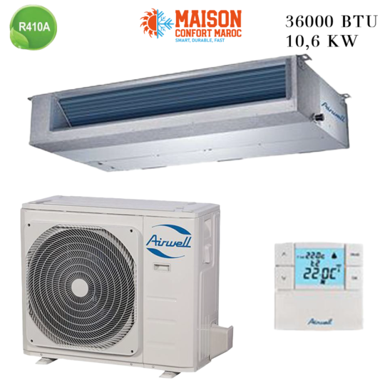 Climatiseur Gainable Airwell 36000 BTU 10.5 kW – Climatisation efficace et discrète pour espaces professionnels et résidentiels.