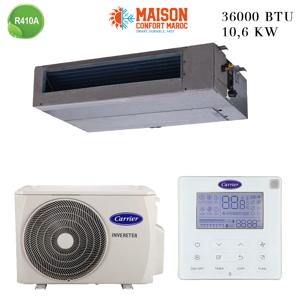 Climatiseur Gainable Carrier 36000 BTU Inverter 10.6 kW – Solution efficace et économique pour espaces moyens.