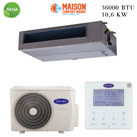 Climatiseur Gainable Carrier 36000 BTU R410 10.6 kW – Climatisation puissante et économique.