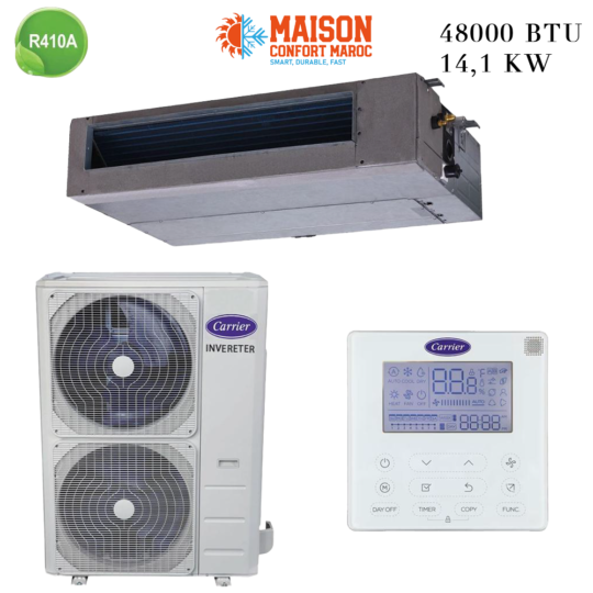 Climatiseur Gainable Carrier 48000 BTU Inverter 14.1 kW – Refroidissement puissant et économe pour grandes surfaces.