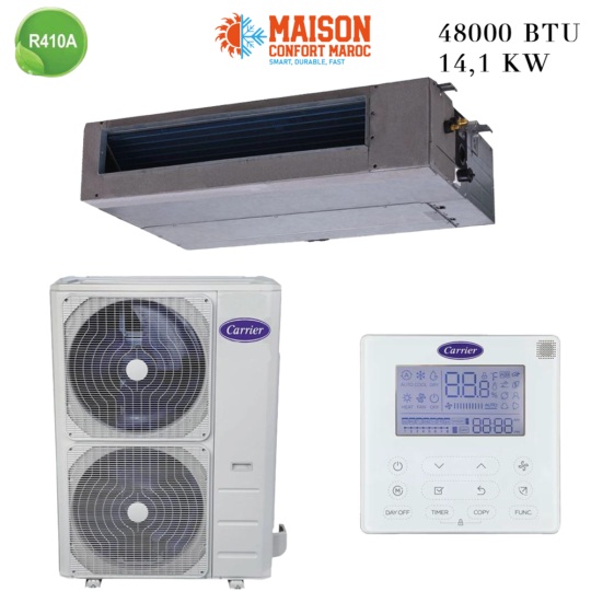Climatiseur Gainable Carrier 48000 BTU R410 14 kW – Performance et confort pour grands espaces.