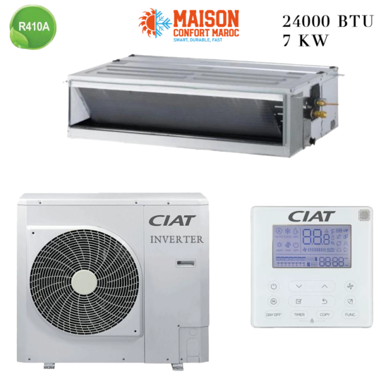 Climatiseur Gainable CIAT 24000 BTU Inverter 7 kW – Climatisation efficace pour espaces moyens avec faible consommation énergétique.