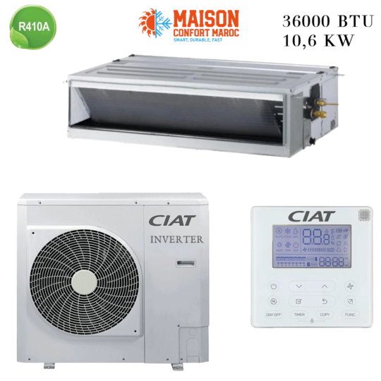 Climatiseur Gainable CIAT 36000 BTU Inverter 10.5 kW – Solution idéale pour refroidir des espaces moyens à grands avec faible consommation d'énergie.