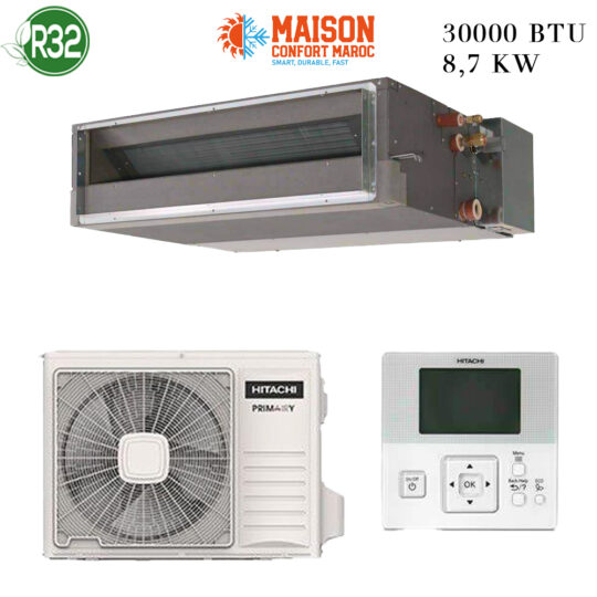 Climatiseur Gainable HITACHI 30000 BTU Inverter 8.7 kW – refroidissement rapide et économique pour espaces moyens.