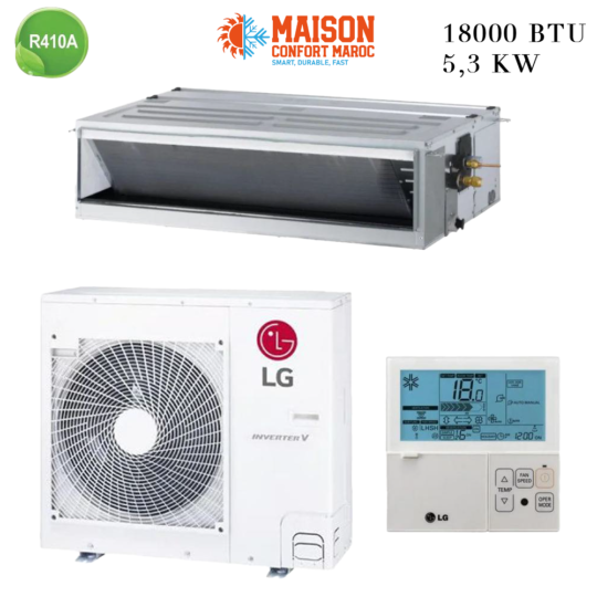 Climatiseur Gainable LG 18000 BTU Inverter 5.3 kW – Performance énergétique et climatisation efficace pour espaces moyens.