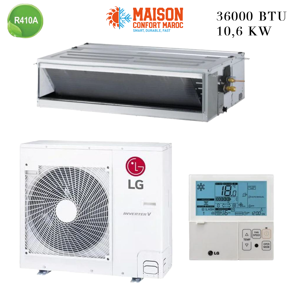 Climatiseur Gainable LG 36000 BTU Inverter 10.5 kW – Solution performante pour un confort thermique optimal dans des espaces moyens à grands.