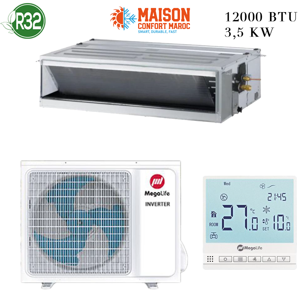 Climatiseur Gainable Mégalife 12000 BTU Inverter R32 – Performance, économie d’énergie et confort thermique optimal.