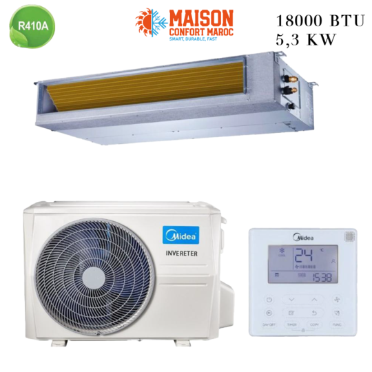Climatiseur Gainable Midea 18000 BTU Inverter 5,3 kW – Solution efficace et économe en énergie pour climatiser des espaces de taille moyenne.