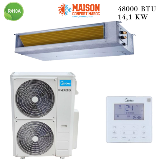 Climatiseur Gainable Midea 48000 BTU Inverter 14 kW – Solution idéale pour un refroidissement puissant et économe dans des grands espaces.
