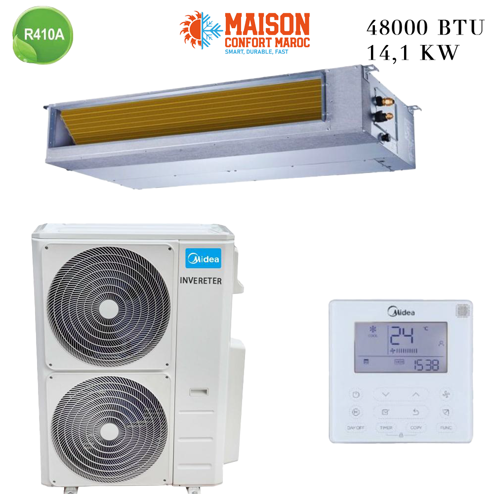 Climatiseur Gainable Midea 48000 BTU Inverter 14 kW – Solution idéale pour un refroidissement puissant et économe dans des grands espaces.
