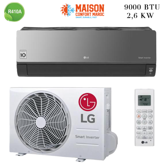 Climatiseur LG 9000 BTU Inverter Artcool – design noir miroir, technologie Inverter, réfrigérant R410A pour un confort optimal au Maroc.