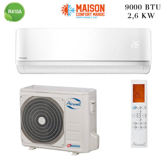 Climatiseur Split Mural Airwell 9000 BTU Inverter – Confort et performance avec réfrigérant écologique et garantie 3 ans au Maroc.