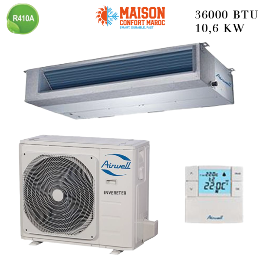 Climatiseur Gainable Airwell 36000 BTU Inverter 10.5 kW – Refroidissement efficace et écologique pour grandes pièces avec faible consommation énergétique.