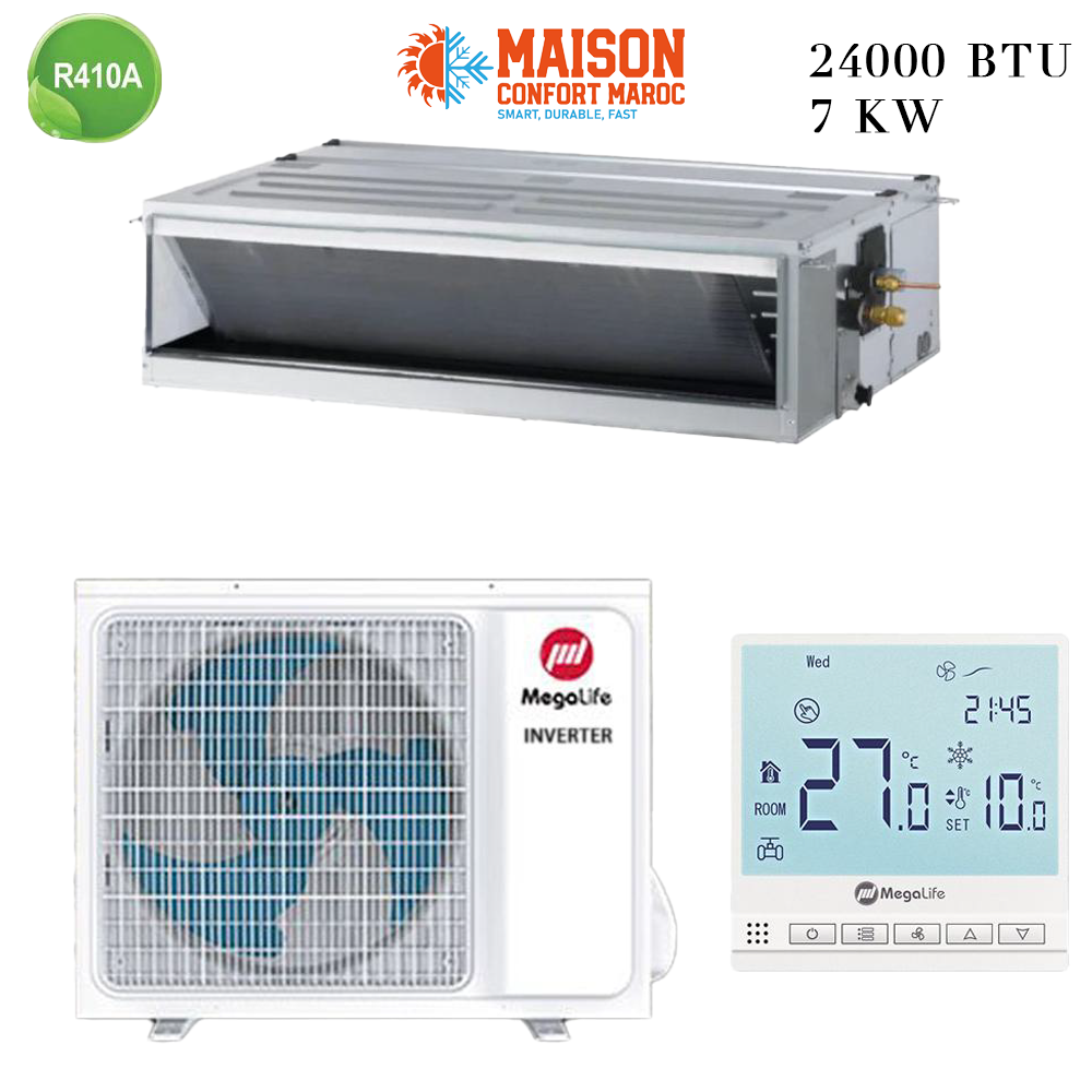 Climatiseur Gainable Mégalife 24000 BTU Inverter 7 kW – Climatisation efficace et économe en énergie.