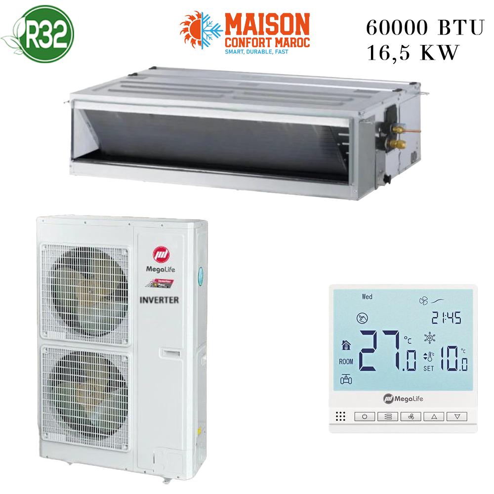 Climatiseur Gainable Mégalife 60000 BTU Inverter R32 – Refroidissement puissant et efficace pour grands espaces avec un faible impact écologique.