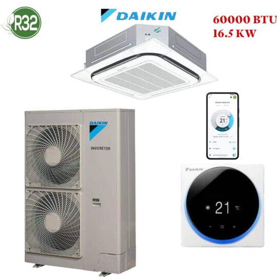 Climatiseur Cassette Daikin 60000 BTU Inverter R32 installé au plafond dans un espace professionnel moderne.