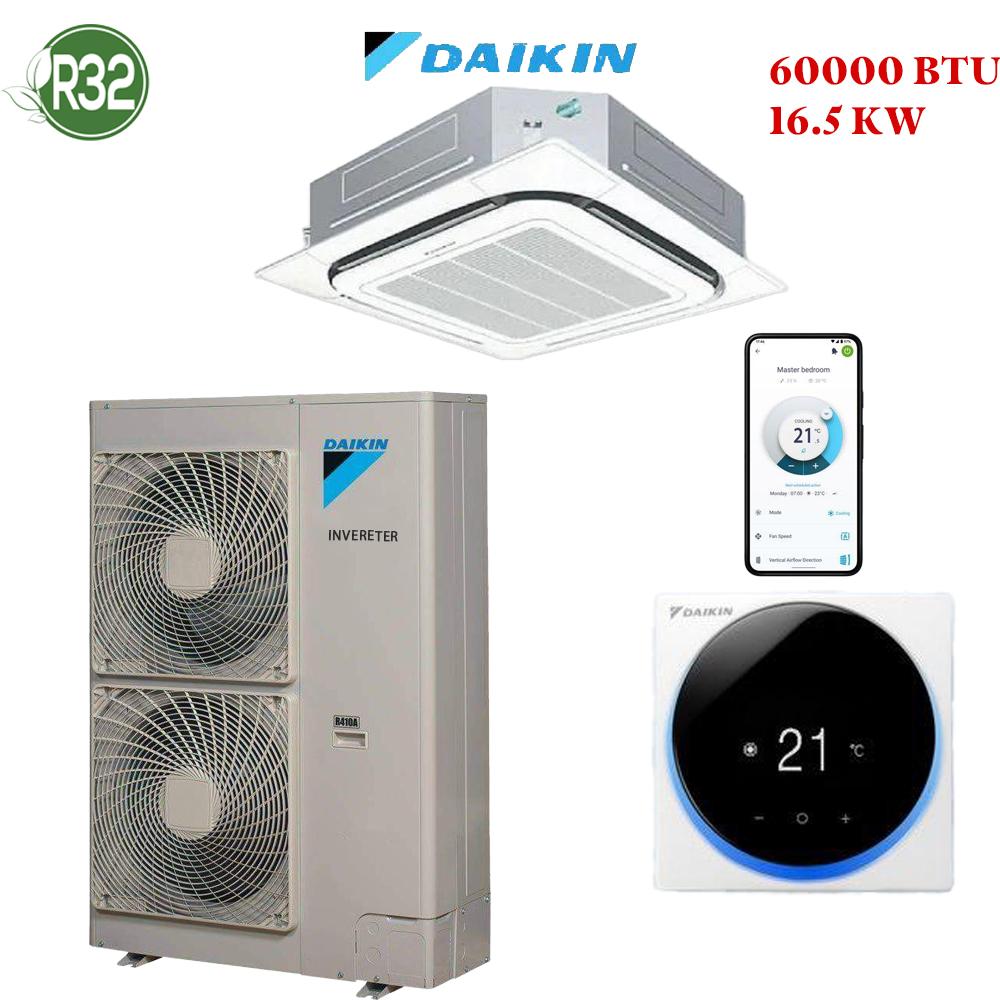 Climatiseur Cassette Daikin 60000 BTU Inverter R32 installé au plafond dans un espace professionnel moderne.