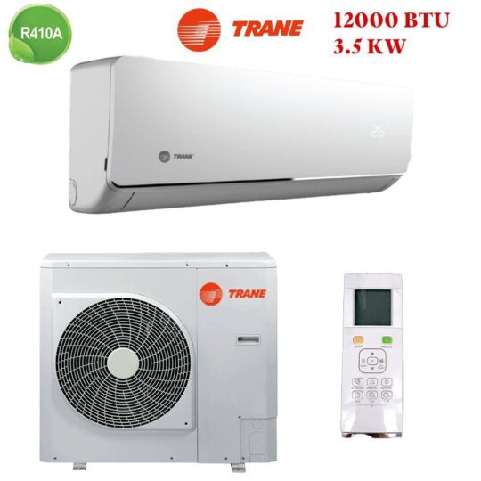 Climatiseur Trane 12000 BTU R410 mural blanc moderne installé dans un salon moderne au Maroc.