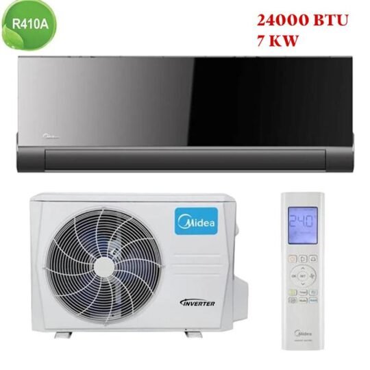Climatiseur Midea 24000 BTU Inverter Black au Maroc avec technologie Inverter, design noir moderne, livraison gratuite et garantie.